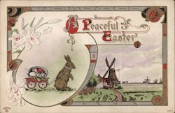 A Peaceful Easter - rabbit pulling a wagon full of eggs With Bunnies Postcard Postcard Postcard