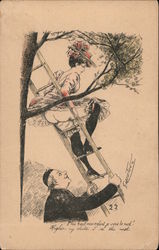 Higher my child, I see the nest! - A woman on a ladder with a priest looking up her dress Postcard