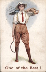 One of the Best! - A young man holds scythe, pitchfork, hoe Farming Postcard Postcard Postcard