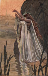 Libušin sen. Woman in white robes with long flowing hair at sunrise Postcard