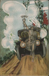 Hermes / Mercury Walks Ahead of Motorcar Holding Caduceus Postcard