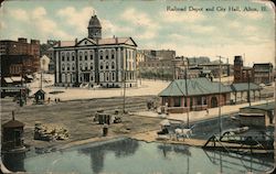 Railroad Depot and City Hall Postcard