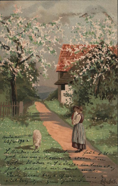 Spring scene: woman and child watching a lamb Germany
