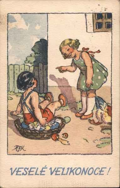 Girl Laughing at a Boy who fell in an Easter Basket. Croatian