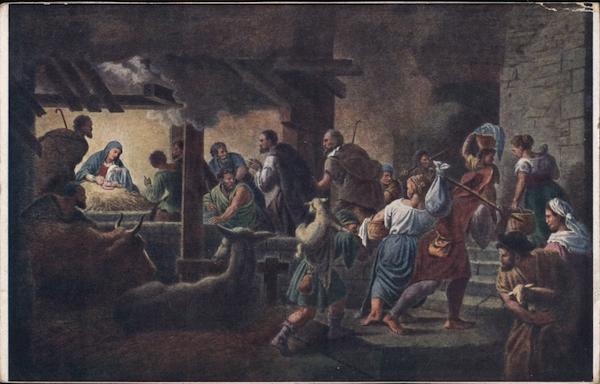 People and Animals crowding around Mary, Joseph and Baby Jesus.