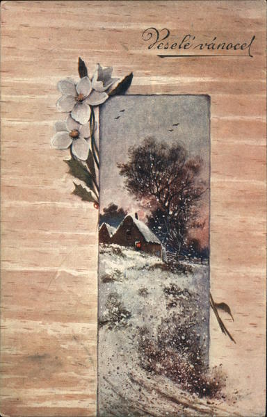 Croatian Christmas card, snowy hill with a house on a wood panel background with white Flowers