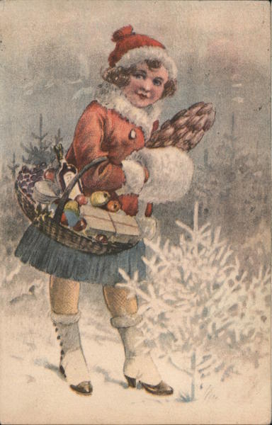 A girl in a red jacket and hat stands in the snow with a gift basket.