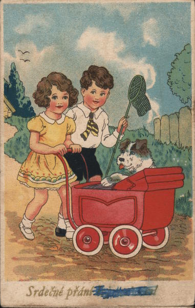 Czech Children with Dog in Baby Carriage