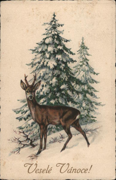 Christmas - Deer and Snow Covered Pines