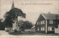 Kirken med Holbergsfuruen og Holbergshuset Postcard