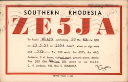 ZE5JA Radio Bindura, Zimbabwe QSL & Ham Radio Postcard Postcard Postcard