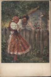 Young man smiles at shy young woman over a garden fence Postcard