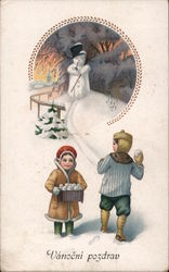 Croatian Children playing in the snow with a snowman in the background Postcard