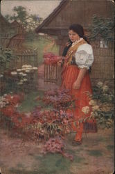 Woman in a flower garden Postcard