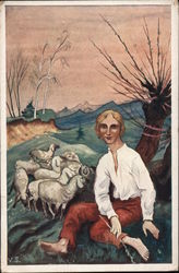 Happy Easter - A painting of a man sitting among a flock of sheep, holding a piece of wheat. Postcard