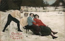 Man with moustache pushes three people on a sled. Croatian Postcard