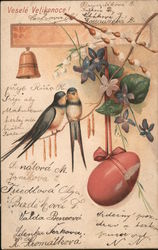 Happy Easter - Two swallows on a branch with some violets, pussywillows and an egg with a ribbon tied around it. Postcard