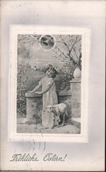 Little Girl with Lamb - German Easter Postcard