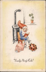 Czech: Veselý Nový Rok - Happy New Year Gnome with Ladybug & Pig Postcard