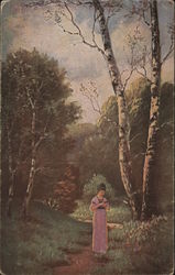 Japanese Woman Pink Kimono Birch Trees Forest Postcard