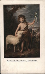 A painting of a shepherd child holding a staff and has his arm around a lamb. Postcard