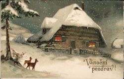 Picture of large snow covered chalet at night with Croatian greeting “Vanocni pozdrav” Postcard