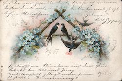 Birds sitting on a stick that is the center of an A with two swooping swallows, one with an envelope in it's mouth Postcard