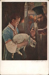 Happy Easter - A man holds a lamb while a Priest reads from a book in front of an altar. Postcard