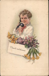 Happy Easter - A child is talking on the telephone surrounded by spring flowers. Postcard