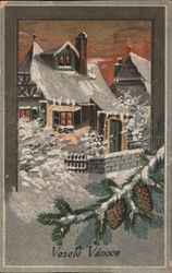 Vesele Vanoce - A snowy scene of houses and a pine branch with pinecones. Postcard