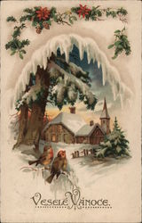 Winter Scene with Birds looking at a snow covered house and landscape Postcard