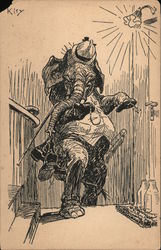 A sketch of an elephant wearing a vest and hat Postcard