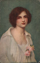 Woman in White wearing Pink flowers Postcard