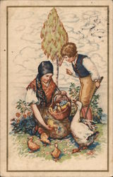 Girl gathering Ducklings in a Basket as Boy watches Postcard