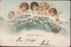 Czech: Merry Chrismas - 5 angels peek out from icy tree branches adorned with bells. Postcard
