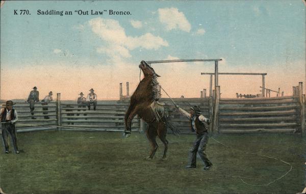 Saddling an Out Law Bronco Cowboy Western