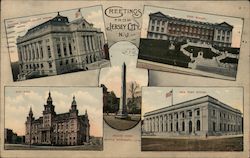 Greetings from Jersey City, NJ - drawings of 5 different landmarks Postcard