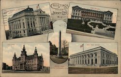 Greetings from Jersey City, NJ - drawings of 5 different landmarks New Jersey Postcard Postcard Postcard