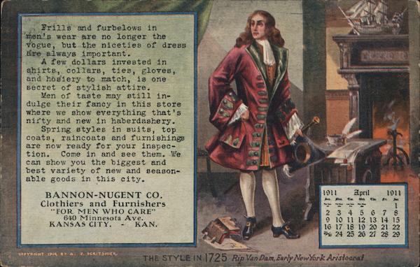 The style in 1725, Rip Van Dam, Early New York Aristocrat - A man in elegant clothing stands in front of a fireplace.