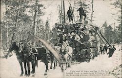 Loggers with huge horse-drawn load of logs in snow Postcard