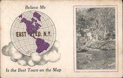 Believe Me East Otto, NY Is the Best Town on the Map - Drawing of the world, and scene of a fallen tree in brook. New York Postc Postcard