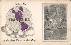Believe Me East Otto, NY Is the Best Town on the Map - Drawing of the world, and scene of a fallen tree in brook. Postcard