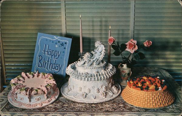 Happy Birthday - three ornate birthday cakes on a table, advertising for Foorman's Rosemarie Bakeries