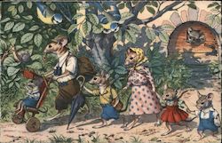 Dressed mice family explore the woods - an Alfred Mainzer Max Kunzli series number 4768 postcard Postcard
