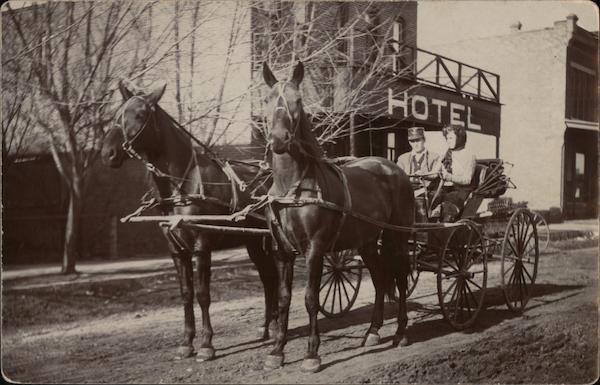A man and a woman riding in a horse drawn buggy Horse-Drawn