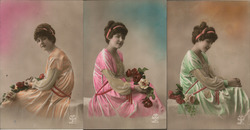 Lot of 3: Tinted Women with Flowers Postcard
