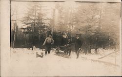 Three hunters pose in snow by deer with antlers Postcard