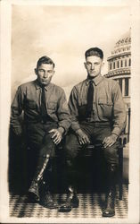 Two young men in military uniforms Postcard