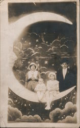 Family Photo With Paper Moon, Stars and Sky Backdrop Postcard