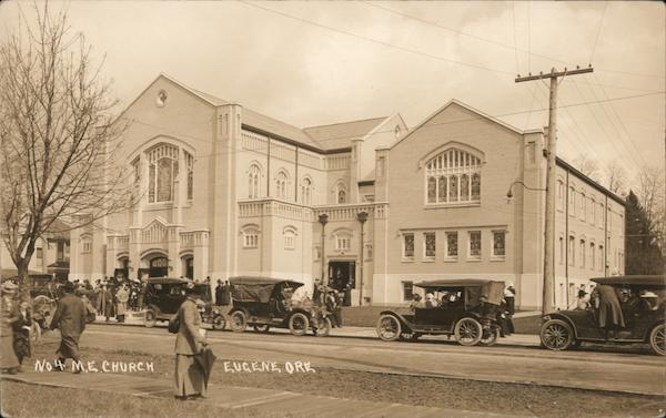 No. 4 M. E. Church, cars and people on street Eugene Oregon